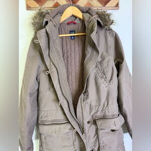 Gap Brown Heavyweight Hooded Parka Utility Faux Fir Trim Double padded Elbows MT